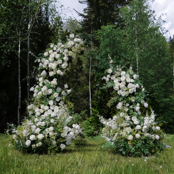 July: White Rose Artical Flower Arch Wedding Party Background