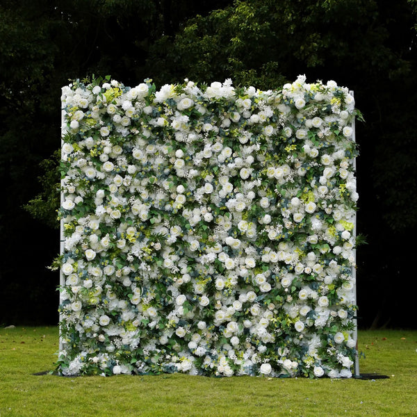 Abby: Green Leaf White Rose Artificial Flower wall Wedding Backdrop
